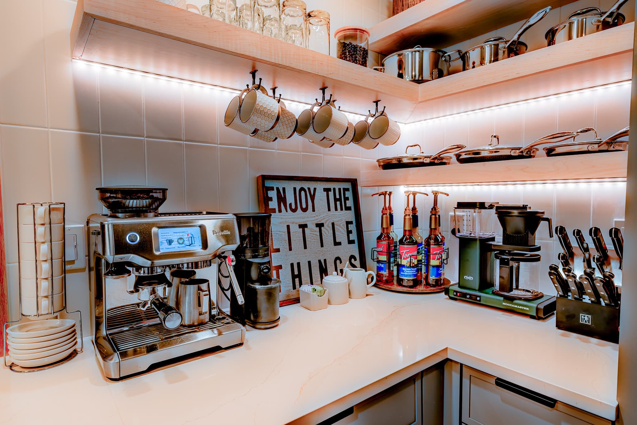 Coffee station — Breville espresso, Technivorm drip, 7 syrups