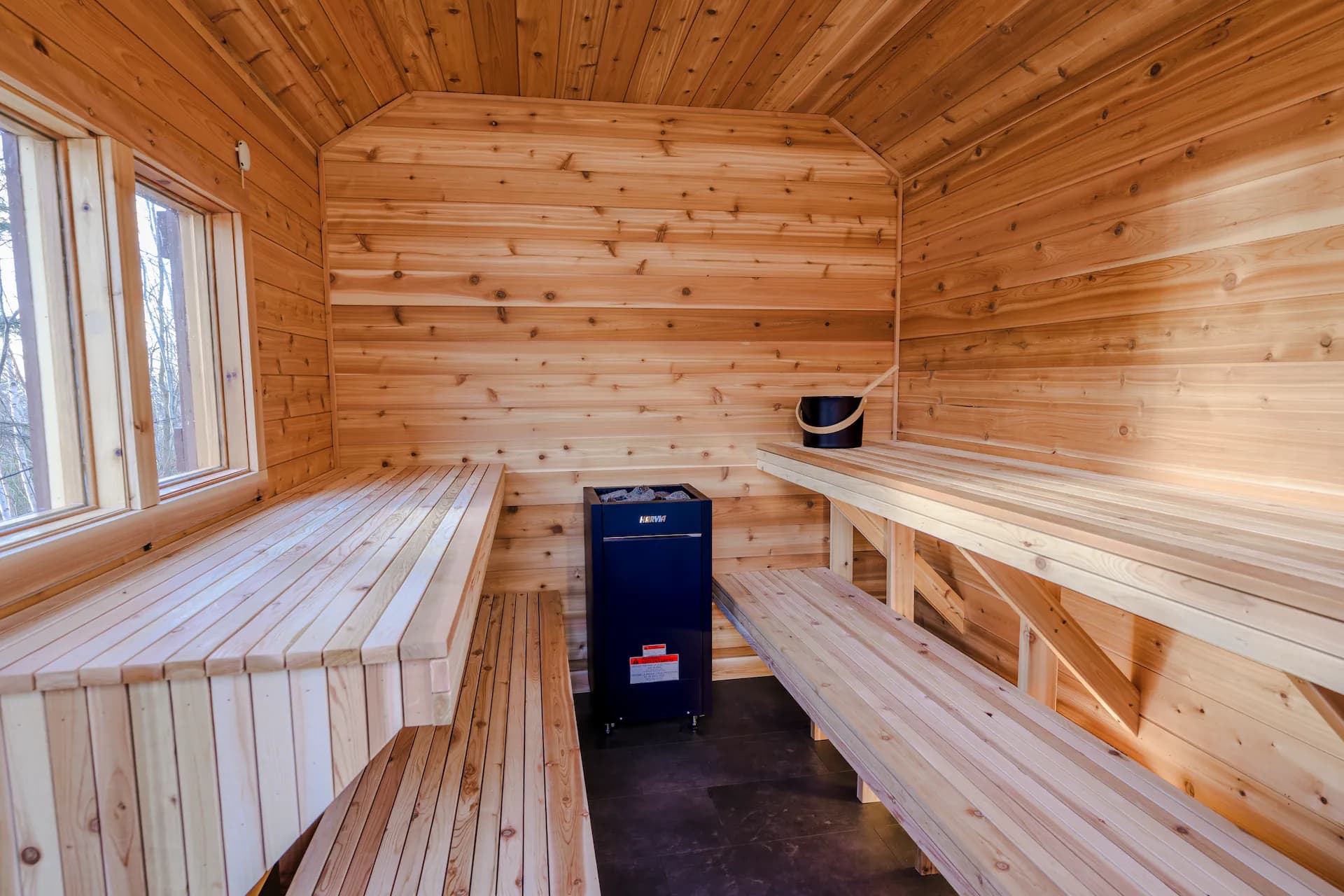 Electric sauna — seats 8+, windows on two sides